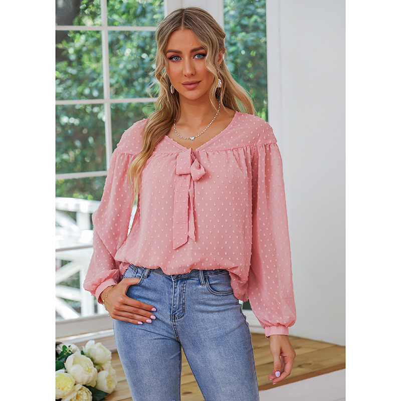 Lace-up Solid Color Polka Dot V-Neck Loose and Elegant Blouses & Shirts