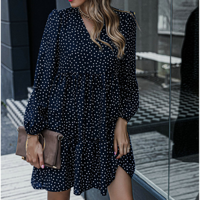 Long Sleeve Simple Fashion V-Neck Ruffle Patchwork Casual Dresses