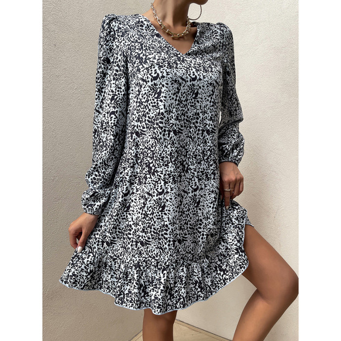 V-Neck Style Commuter Long Sleeves Loose Waist Casual Dresses