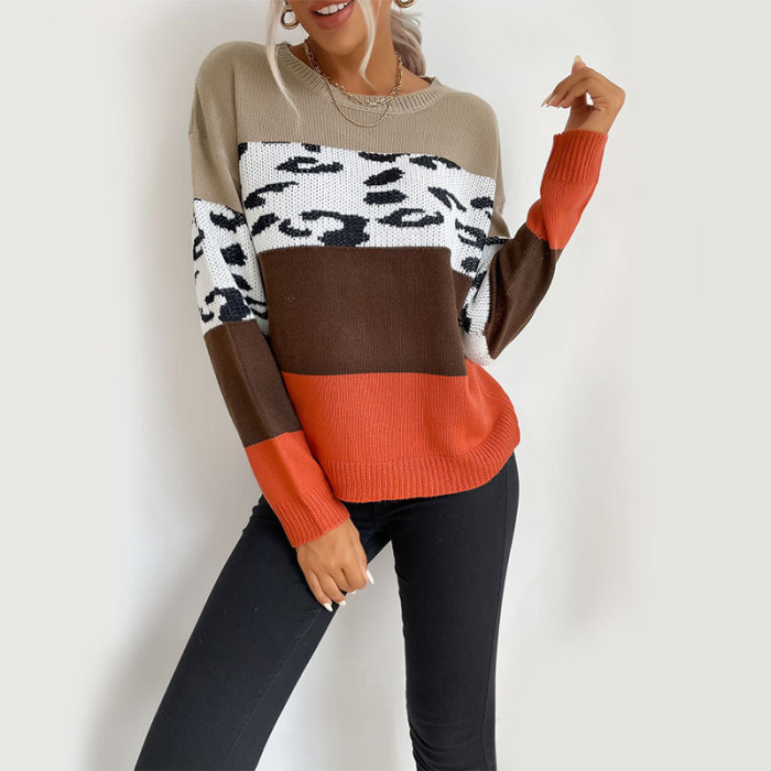 Leopard Print Colorblock Long Sleeve Crew Neck Loose Casual Sweaters & Cardigans
