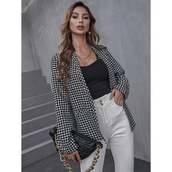 Houndstooth Long Sleeve Suit Collar Elegant Commute Suits