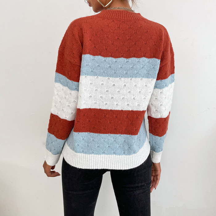 Elegant Casual Colorblock Long Sleeves Loose Crew Neck Sweaters & Cardigans