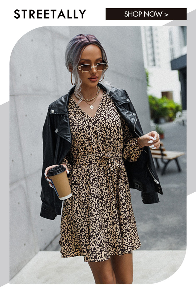 V-Neck Style Commuter Lace Up Print Lace Up Casual Dresses