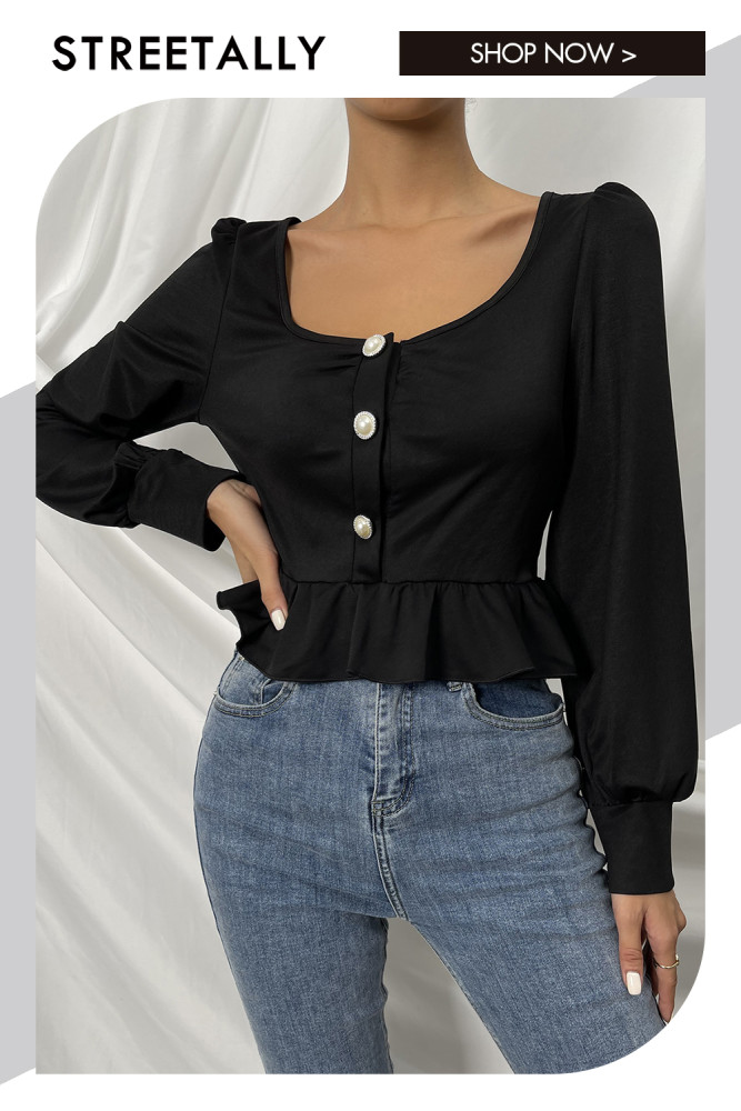 Solid Color Long Sleeve Square Neck Ruffle Elegant Blouses & Shirts