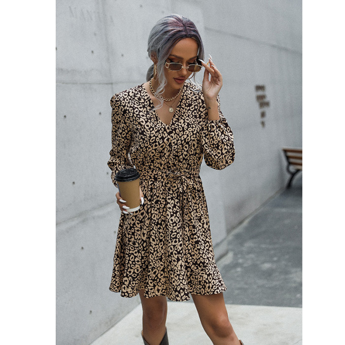 V-Neck Style Commuter Lace Up Print Lace Up Casual Dresses