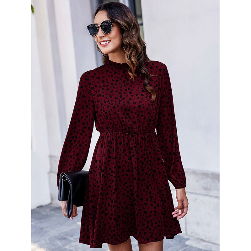 Elegant Turtleneck Long Sleeve Print Neck Waist Crew Neck Casual Dresses