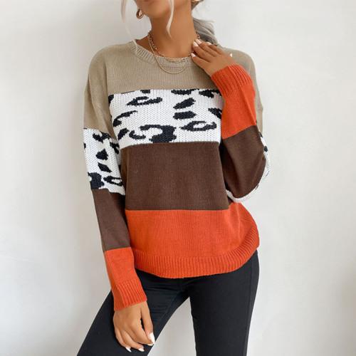 Leopard Print Colorblock Long Sleeve Crew Neck Loose Casual Sweaters & Cardigans