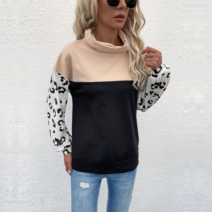Leopard Print Colorblock Turtleneck Loose Casual Hoodies & Sweatshirts