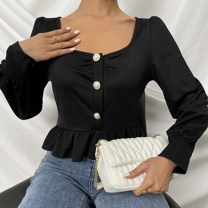 Solid Color Long Sleeve Square Neck Ruffle Elegant Blouses & Shirts