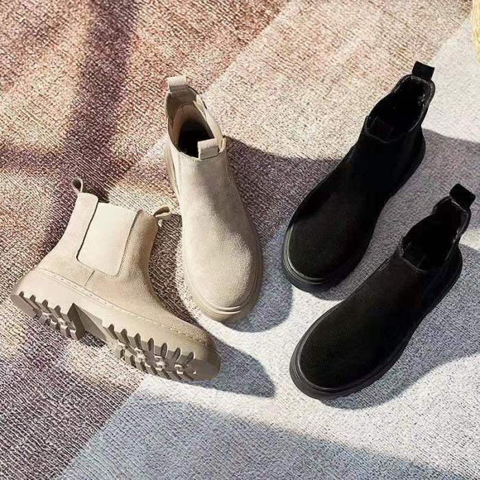 Thick Bottom High Top All-match Solid Color Round Toe Ankle Boots