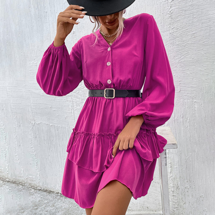 Solid Color Casual V-Neck Single Breasted Long Sleeve Casual Dresses