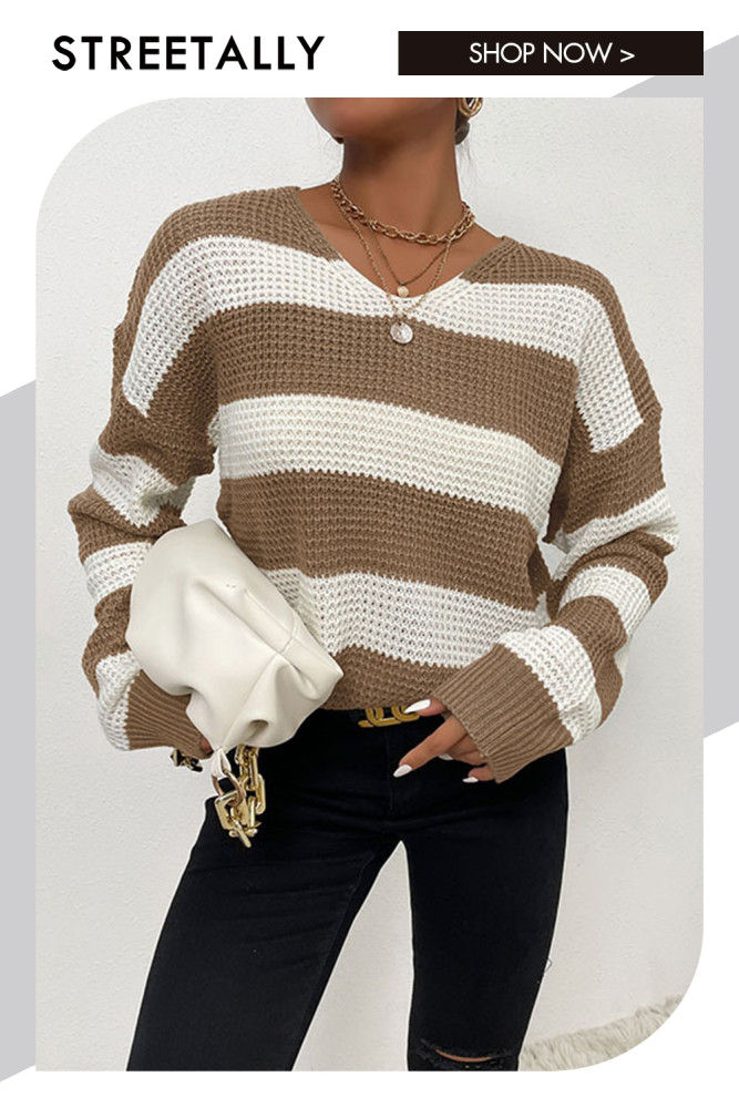 Casual Thin Long Sleeve Striped Crewneck Loose Sweaters & Cardigans