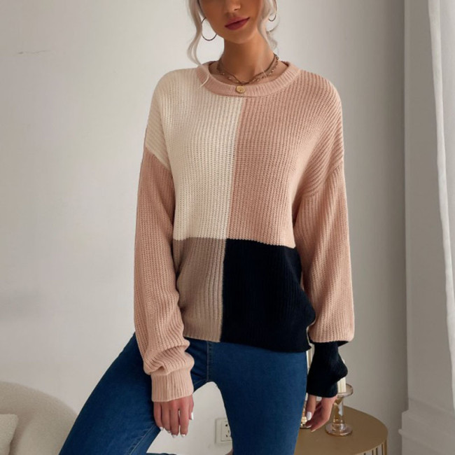 Casual Colorblock Long Sleeve Loose Crew Neck Pullover Sweaters & Cardigans