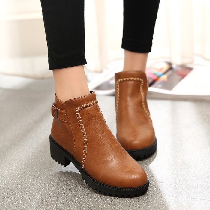 Solid Color Large Waterproof Round Back Zipper Ankle Boots