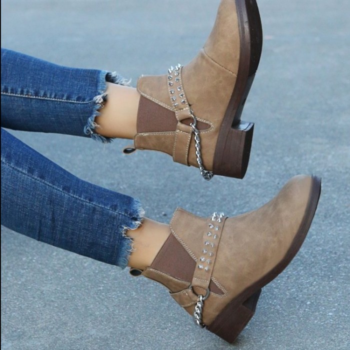 Fashion Plus Size Belt Buckle Studded Chunky Heel Ankle Boots