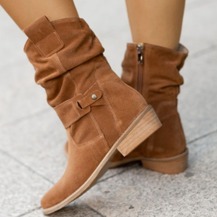 Low Heel Suede Sleek Round Toe Side Zip Ankle Boots