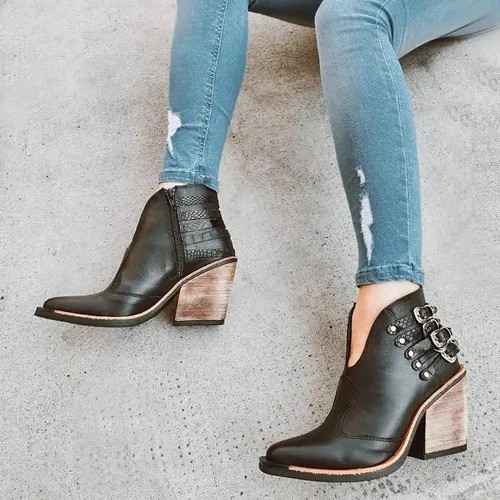 Studded Belt Buckle Plus Size Round Toe Block Heel Ankle Boots