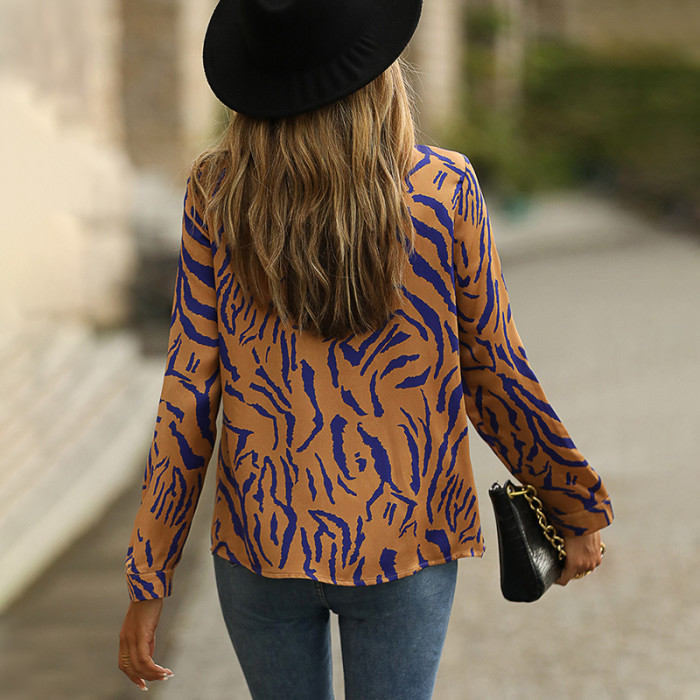 Gorgeous Commuter Long Sleeve Printed V-Neck Satin Blouses & Shirts