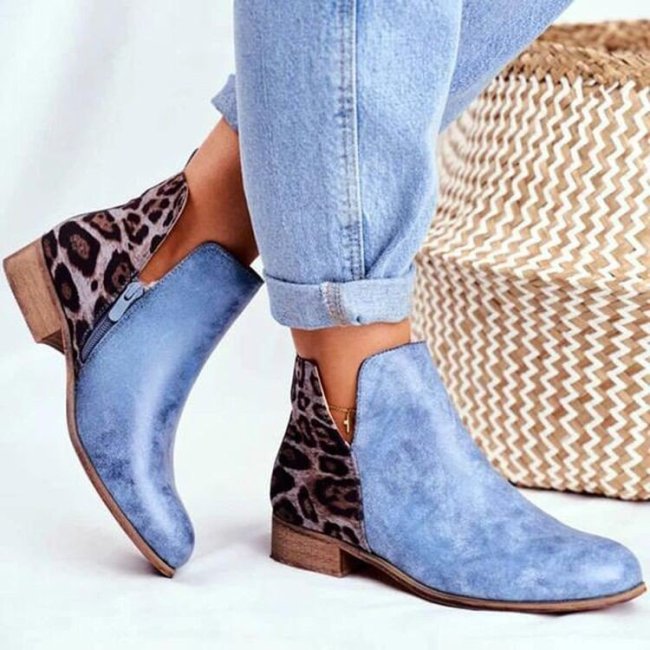 Low Heel Side Zip Plus Size Leopard Print Round Toe Chunky Heel Ankle Boots