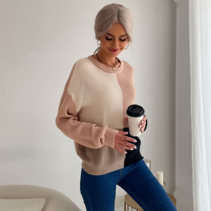Casual Colorblock Long Sleeve Loose Crew Neck Pullover Sweaters & Cardigans