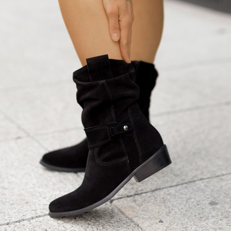 Low Heel Suede Sleek Round Toe Side Zip Ankle Boots