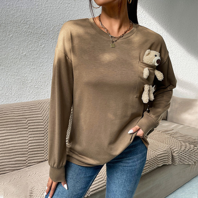 Solid Color Casual Round Neck Bear Long Sleeve T-Shirts