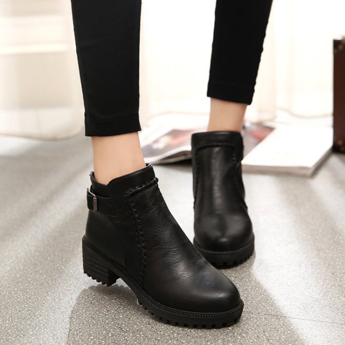 Solid Color Large Waterproof Round Back Zipper Ankle Boots