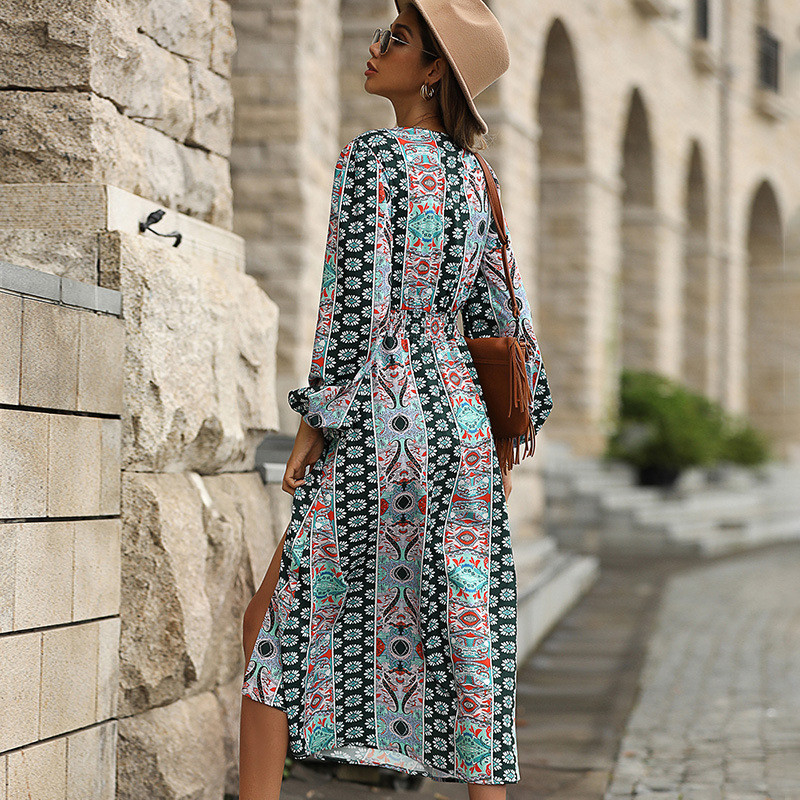 Printed Boho High Waist V-Neck Puff Sleeves Midi Dresses