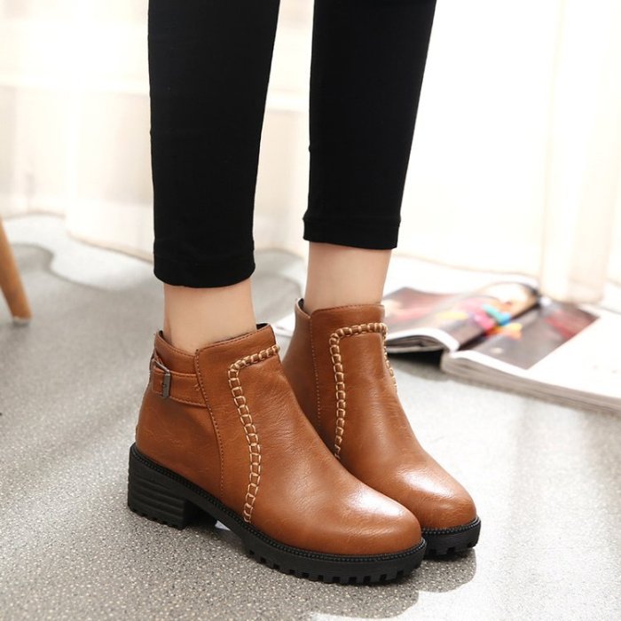 Solid Color Large Waterproof Round Back Zipper Ankle Boots