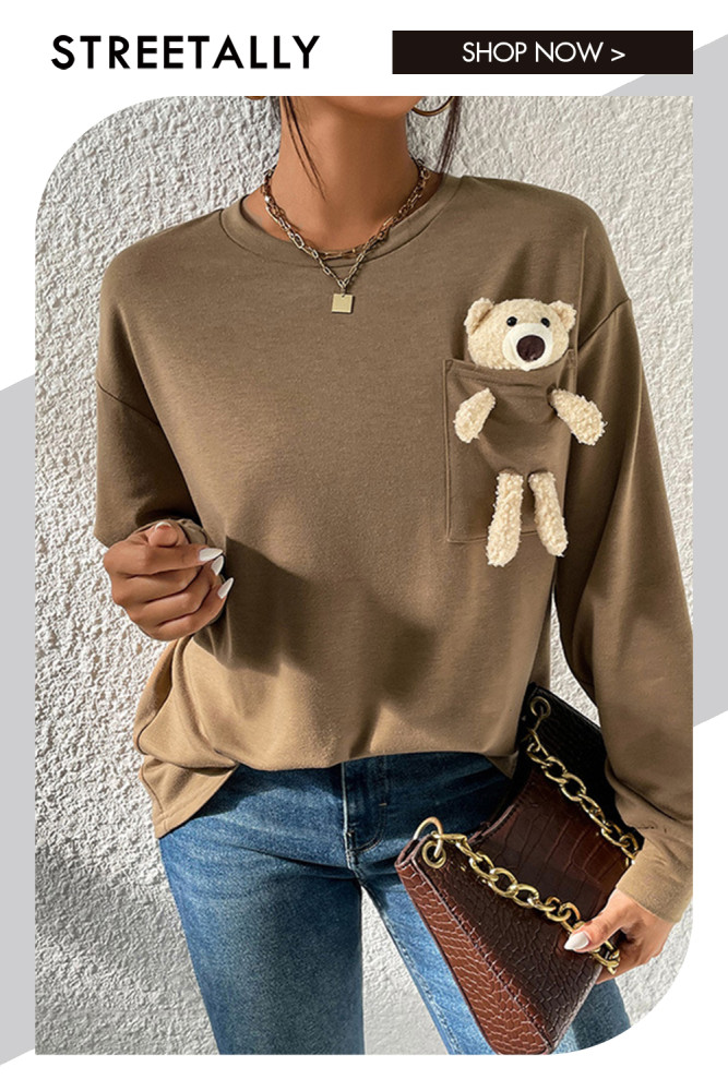 Solid Color Casual Round Neck Bear Long Sleeve T-Shirts