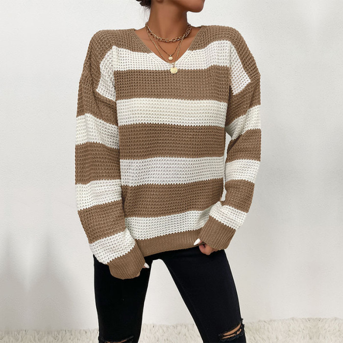 Casual Thin Long Sleeve Striped Crewneck Loose Sweaters & Cardigans