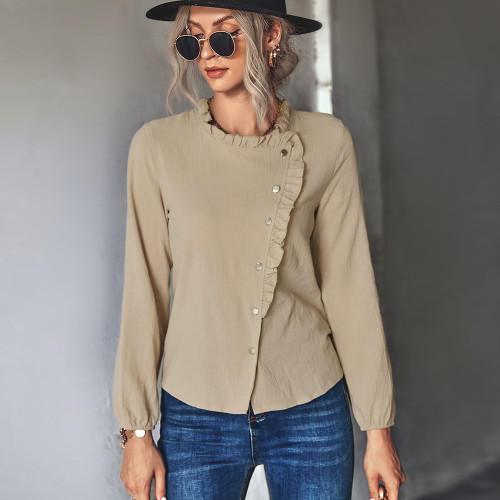 Fashion Solid Breasted Ruffle Casual Blouses & Shirts