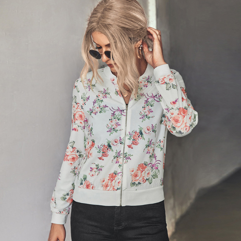 Casual Elegant Print Thread Neck Zip Long Sleeve Jackets