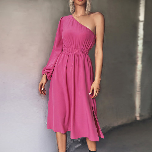 Fashion Classic Solid Color Slanted Shoulder Long Sleeve Midi Dresses