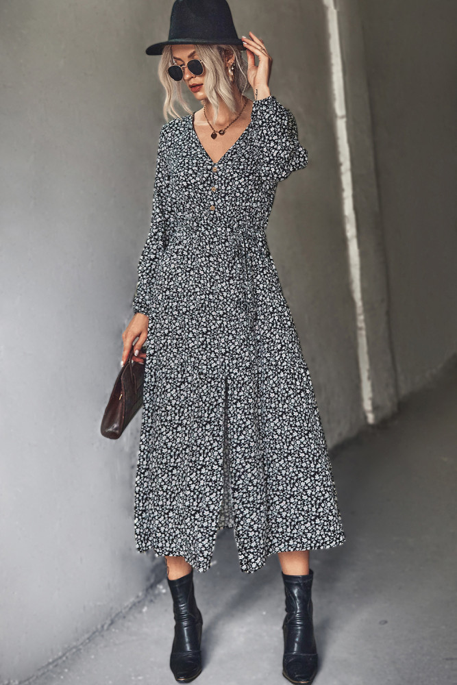 V-Neck Floral Long Sleeve Slit High Waist Midi Dresses