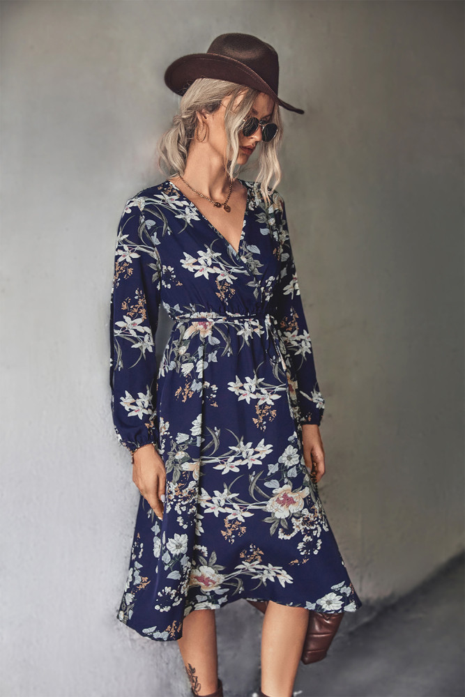 Elegant Fashion Print V-Neck Long Sleeve Midi Dresses