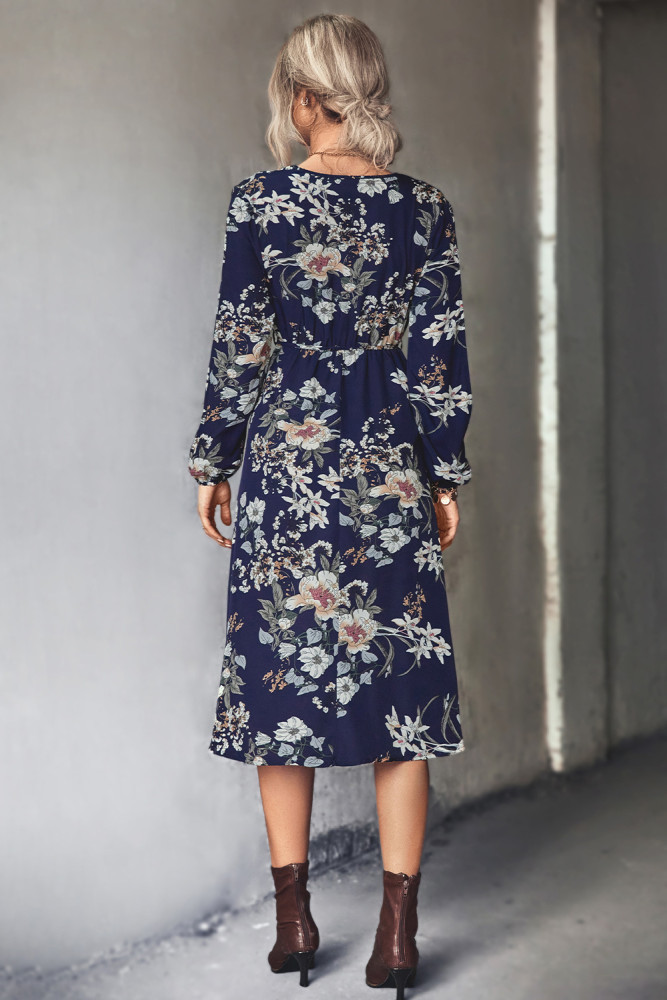 Elegant Fashion Print V-Neck Long Sleeve Midi Dresses