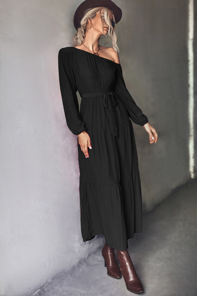 Sexy One Shoulder Waist Tie Long Sleeve Solid Maxi Dresses