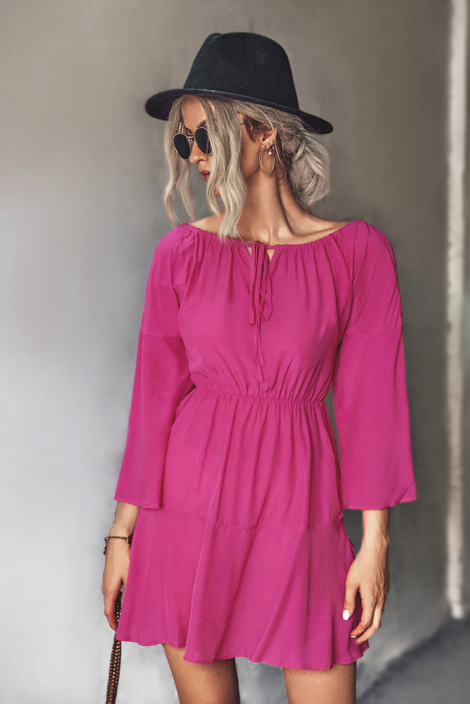 Trendy Classic Solid Color Patchwork Lace-Up Neck Mini Dresses