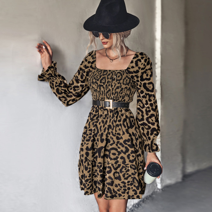 Classic Sleeve Leopard Print Long Sleeve Square Neck Puff Casual Dresses