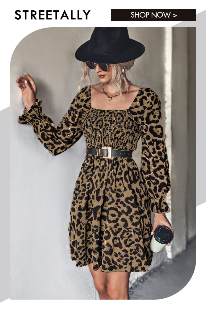 Classic Sleeve Leopard Print Long Sleeve Square Neck Puff Casual Dresses