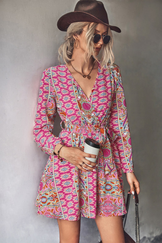 Trendy V-Neck Print High Waist Lace-Up Elegant Mini Dresses