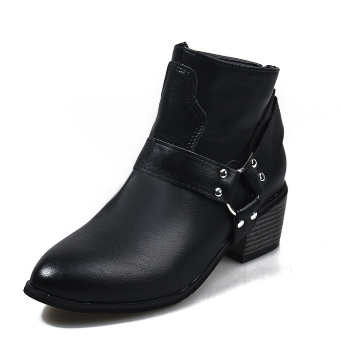 Plus Size Leather Square Heel Back Zip Pointed Toe Solid Ankle Boots