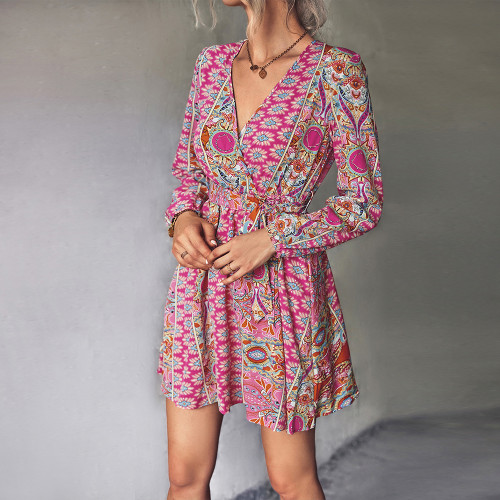 Trendy V-Neck Print High Waist Lace-Up Elegant Mini Dresses
