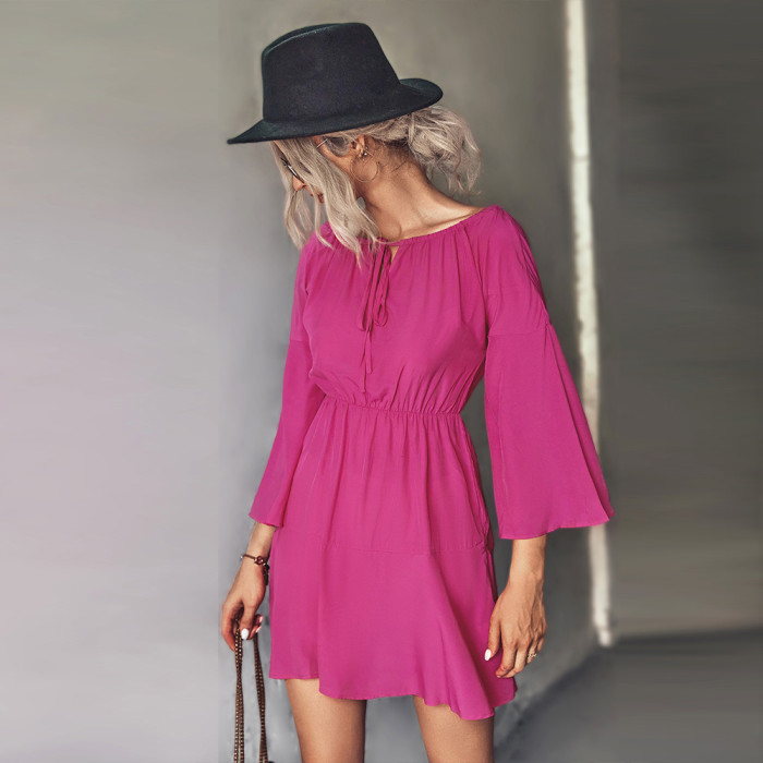 Trendy Classic Solid Color Patchwork Lace-Up Neck Mini Dresses