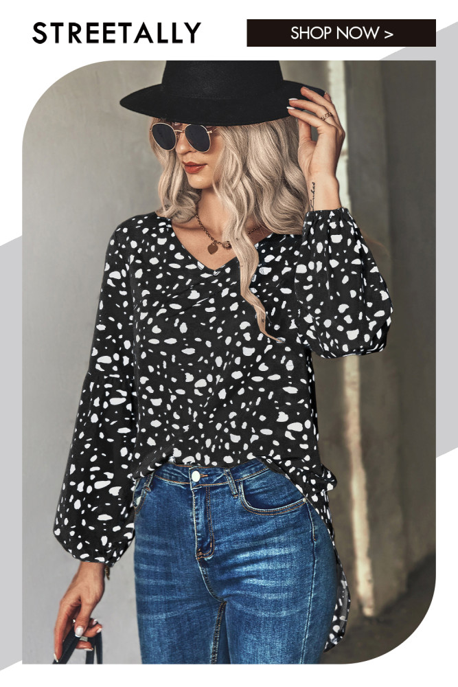 V-Neck Pullover Print Long Sleeve Pullover Blouses & Shirts