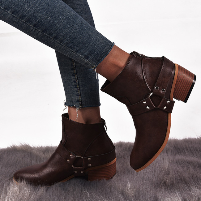 Plus Size Leather Square Heel Back Zip Pointed Toe Solid Ankle Boots