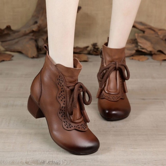 Leather Thick Middle Heel Lace-Up Ethnic Vintage Ankle Boots