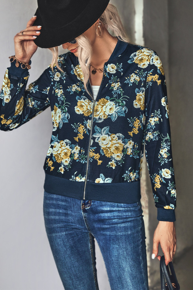 Casual Elegant Print Thread Neck Zip Long Sleeve Jackets