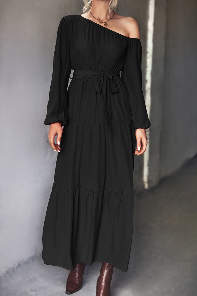 Sexy One Shoulder Waist Tie Long Sleeve Solid Maxi Dresses